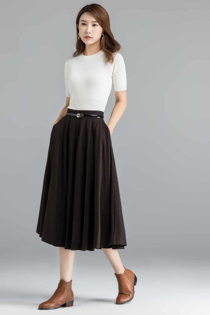 Handmade Coffee Wool Midi Skirt – 1950s Vintage Full Circle with Pockets 2397
