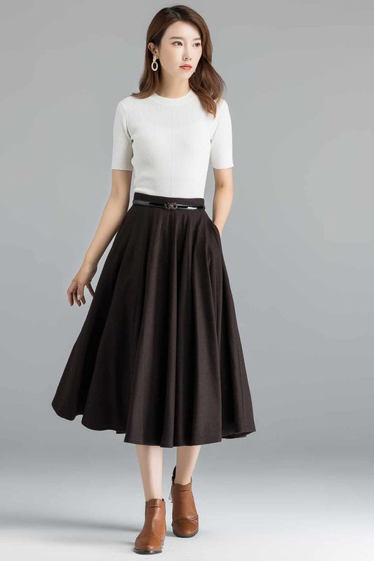 Handmade Coffee Wool Midi Skirt – 1950s Vintage Full Circle with Pockets 2397