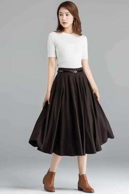 Handmade Coffee Wool Midi Skirt – 1950s Vintage Full Circle with Pockets 2397
