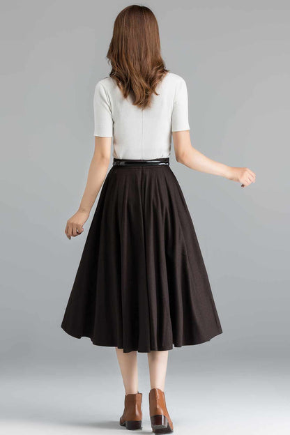Handmade Coffee Wool Midi Skirt – 1950s Vintage Full Circle with Pockets 2397