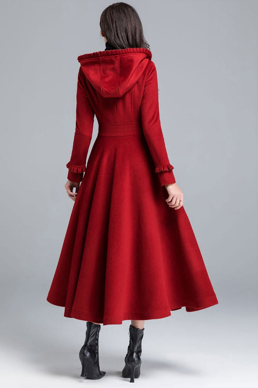 Handmade Red Wool Coat – Hooded Fit & Flare Long Winter Overcoat | Xiaolizi 2484