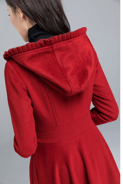 Handmade Red Wool Coat – Hooded Fit & Flare Long Winter Overcoat | Xiaolizi 2484