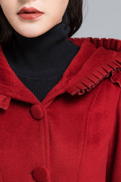 Handmade Red Wool Coat – Hooded Fit & Flare Long Winter Overcoat | Xiaolizi 2484