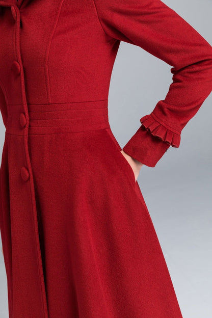 Handmade Red Wool Coat – Hooded Fit & Flare Long Winter Overcoat | Xiaolizi 2484