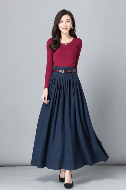 Blue Linen Cotton Pleated Maxi Skirt - High Waist | Xiaolizi 2531