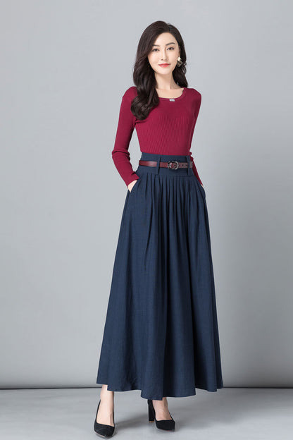 Blue Linen Cotton Pleated Maxi Skirt - High Waist | Xiaolizi 2531