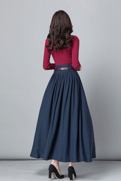 Blue Linen Cotton Pleated Maxi Skirt - High Waist | Xiaolizi 2531