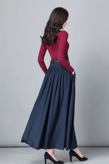 Blue Linen Cotton Pleated Maxi Skirt - High Waist | Xiaolizi 2531