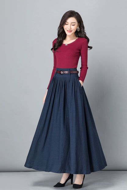 Blue Linen Cotton Pleated Maxi Skirt - High Waist | Xiaolizi 2531