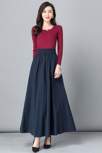Blue Linen Cotton Maxi Skirt - High Waist Pleated Swing with Pockets 2532