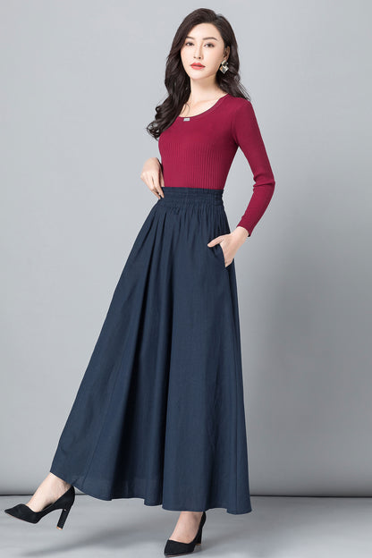 Blue Linen Cotton Maxi Skirt - High Waist Pleated Swing with Pockets 2532