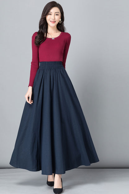 Blue Linen Cotton Maxi Skirt - High Waist Pleated Swing with Pockets 2532