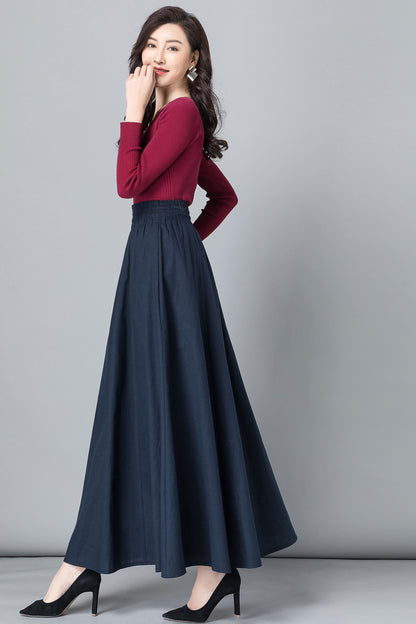 Blue Linen Cotton Maxi Skirt - High Waist Pleated Swing with Pockets 2532