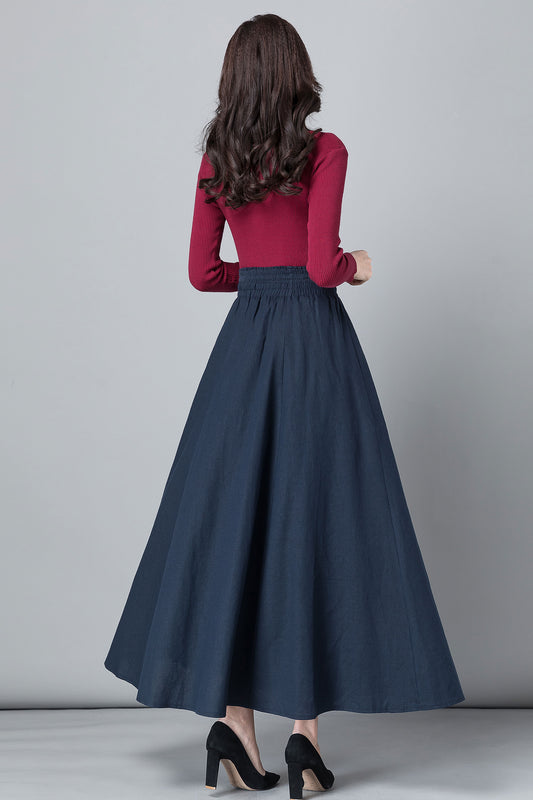 Blue Linen Cotton Maxi Skirt - High Waist Pleated Swing with Pockets 2532