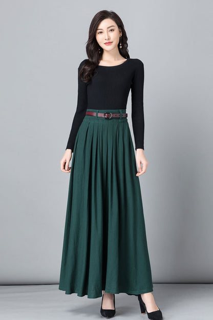 Green Linen Maxi Skirt - A-Line Pleated with Pockets 2536