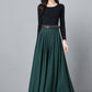 Green A -Line Pleated Linen Maxi Skirt  2536#