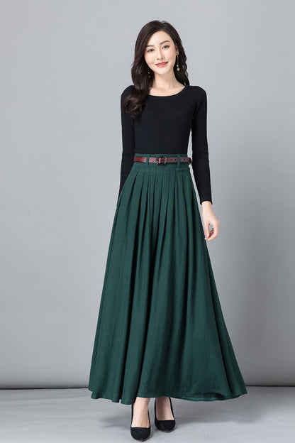 Green Linen Maxi Skirt - A-Line Pleated with Pockets 2536