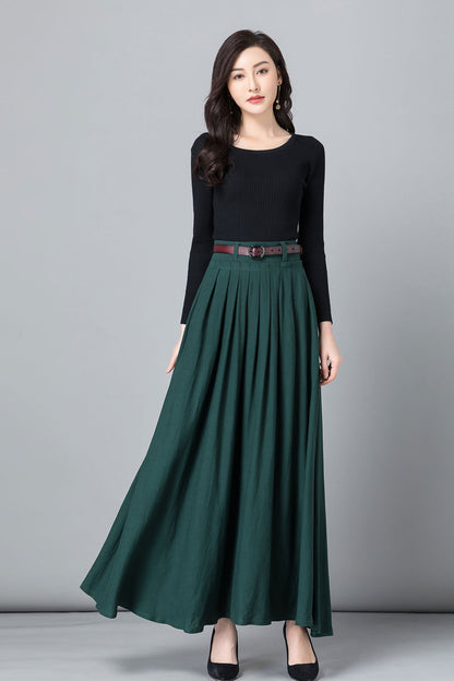 Green Linen Maxi Skirt - A-Line Pleated with Pockets 2536