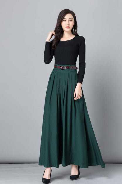 Green A -Line Pleated Linen Maxi Skirt  2536#
