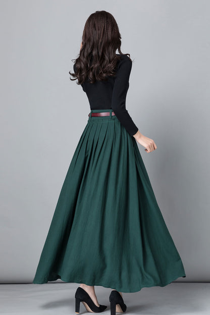 Green Linen Maxi Skirt - A-Line Pleated with Pockets 2536