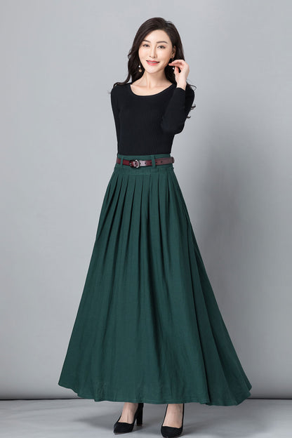 Green Linen Maxi Skirt - A-Line Pleated with Pockets 2536