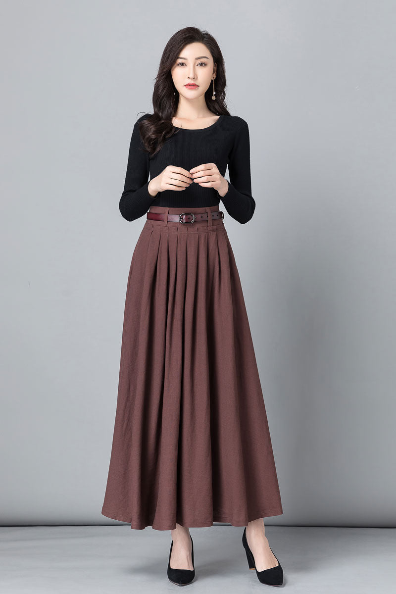 Brown A -Line Swing Pleated Linen Maxi Skirt  2539