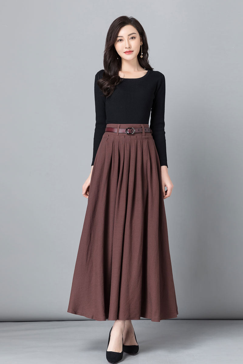 Brown A -Line Swing Pleated Linen Maxi Skirt  2539