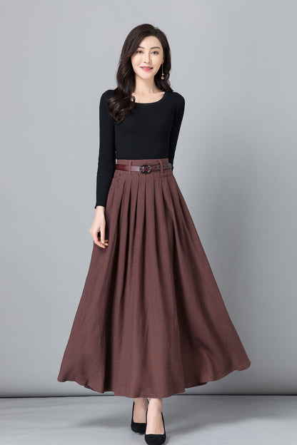 Brown A -Line Swing Pleated Linen Maxi Skirt  2539