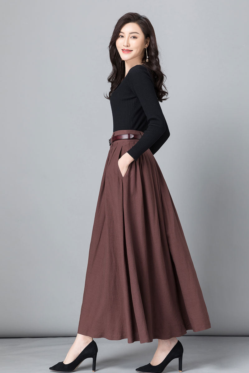 Brown A -Line Swing Pleated Linen Maxi Skirt  2539