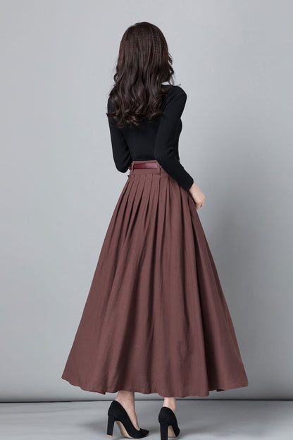 Brown A -Line Swing Pleated Linen Maxi Skirt  2539