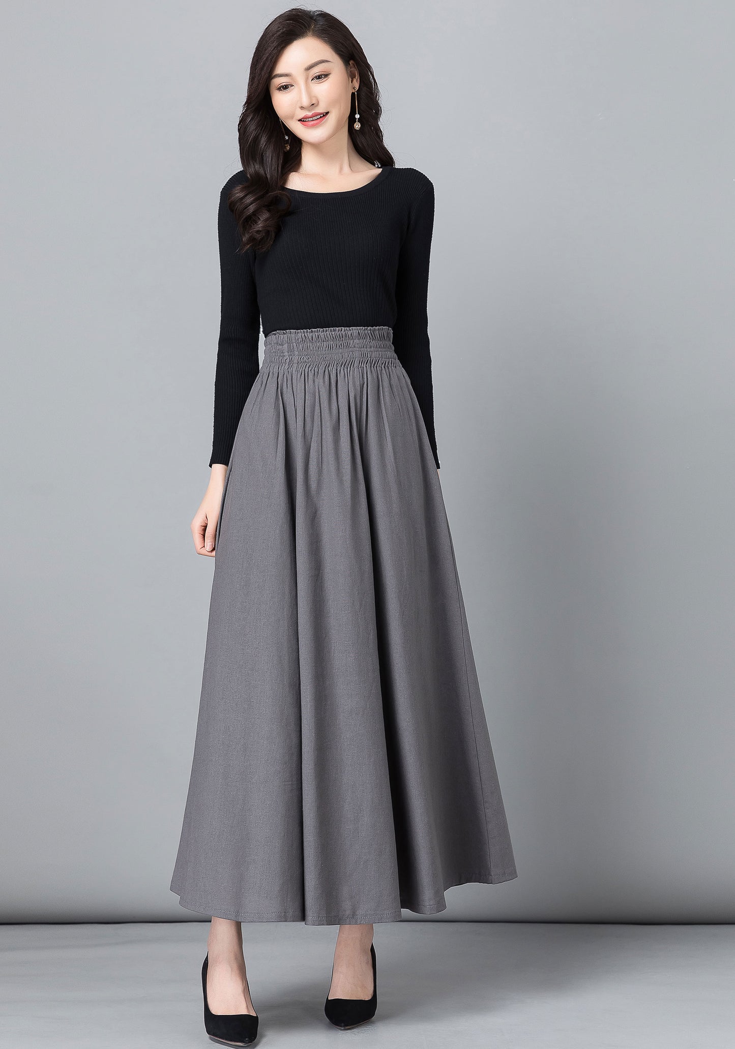 Gray High waist Long pleated Swing Skirt with pockets 2538#