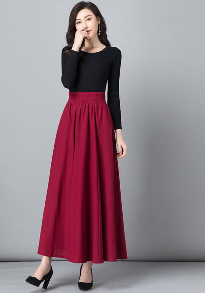 Red Linen Cotton Long Pleated Swing Skirt with Pockets 2021146