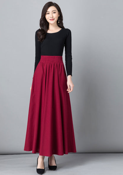 Red Linen Cotton Long Pleated Swing Skirt with Pockets 2021146