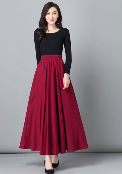 Red Linen Cotton Long Pleated Swing Skirt with Pockets 2021146