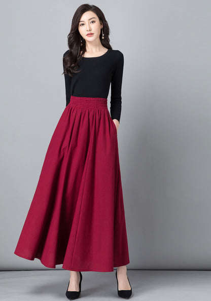 Red Linen Cotton Long Pleated Swing Skirt with Pockets 2021146
