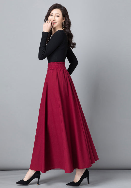 Red Linen Cotton Long Pleated Swing Skirt with Pockets 2021146