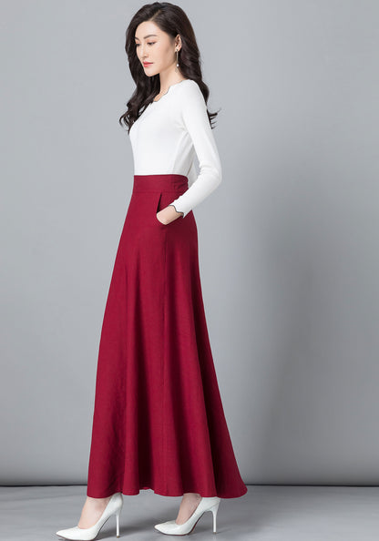 Red Linen Cotton Maxi Skirt - High Waist A-Line with Pockets 2542