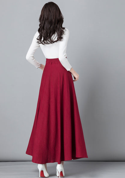 Red Linen Cotton Maxi Skirt - High Waist A-Line with Pockets 2542