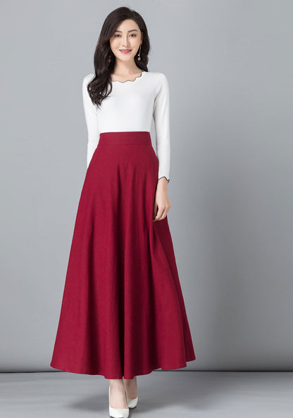 Red Linen Cotton Maxi Skirt - High Waist A-Line with Pockets 2542