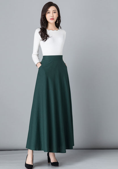 Army Green Linen Cotton Maxi Skirt - High Waist A-Line Silhouette 2543