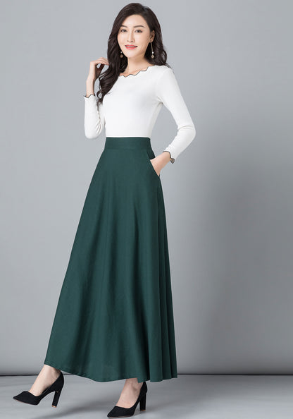 Army Green Linen Cotton Maxi Skirt - High Waist A-Line Silhouette 2543