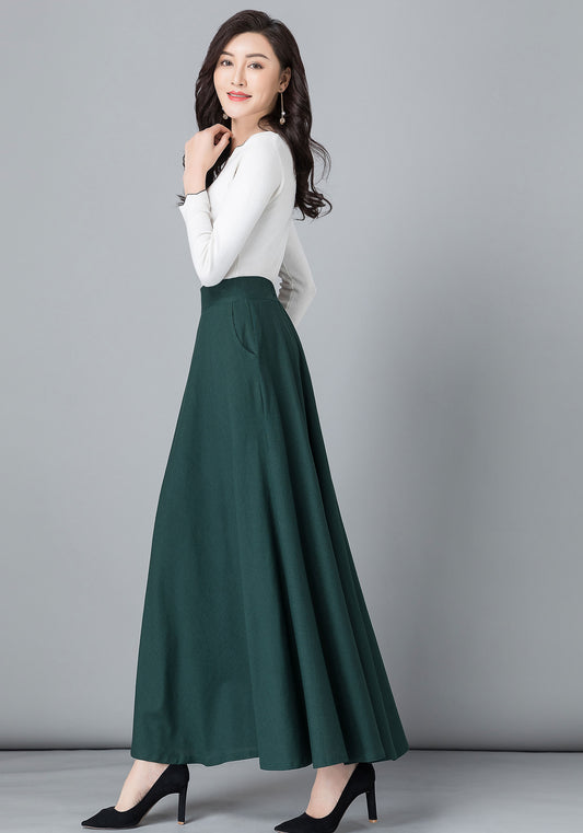 Army Green Linen Cotton Maxi Skirt - High Waist A-Line Silhouette 2543