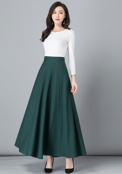 Army Green Linen Cotton Maxi Skirt - High Waist A-Line Silhouette 2543