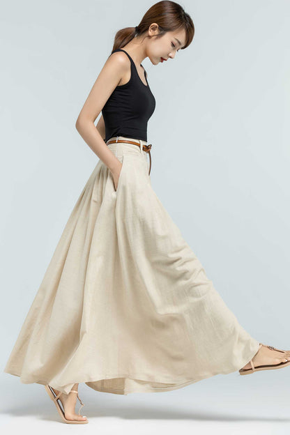 Handmade Linen Maxi Skirt – Beige Pleated Swing Long Skirt with Pockets | Xiaolizi 2375