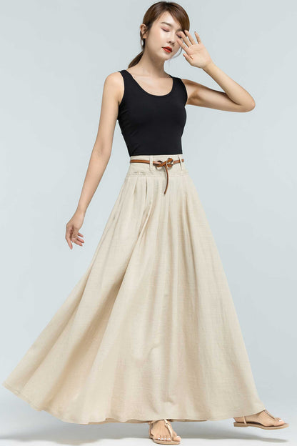 Handmade Linen Maxi Skirt – Beige Pleated Swing Long Skirt with Pockets | Xiaolizi 2375