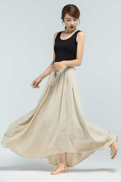 Handmade Linen Maxi Skirt – Beige Pleated Swing Long Skirt with Pockets | Xiaolizi 2375