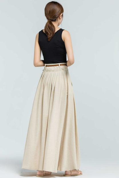 Handmade Linen Maxi Skirt – Beige Pleated Swing Long Skirt with Pockets | Xiaolizi 2375