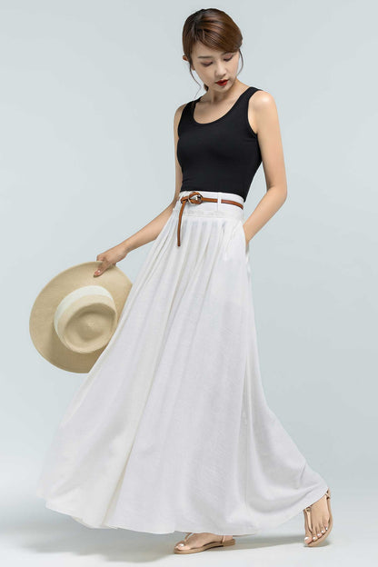 White Linen Cotton Blend Pleated Maxi Skirt - Flared Silhouette 2376