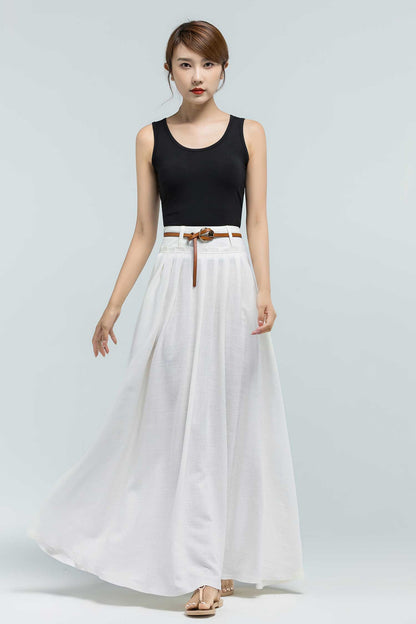 White Linen Cotton Blend Pleated Maxi Skirt - Flared Silhouette 2376