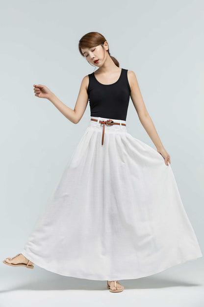 White Linen Cotton Blend Pleated Maxi Skirt - Flared Silhouette 2376